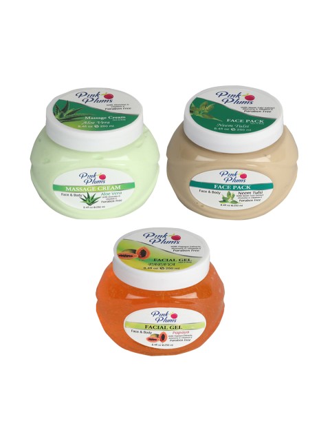 

Pink Plums Skin Care Kit - Massage Cream - Face Pack - Facial Gel - 250ml each, Multi