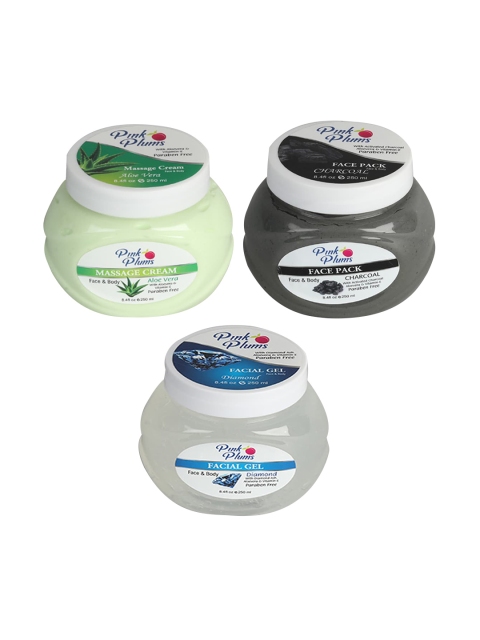 

Pink Plums Skin Care Kit - Massage Cream - Face Pack - Facial Gel - 250ml each, Multi