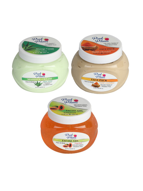 

Pink Plums Skin Care Kit - Massage Cream - Face Pack - Facial Gel - 250ml each, Multi
