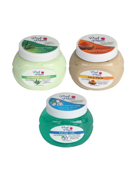 

Pink Plums Skin Care Kit - Massage Cream - Face Pack - Facial Gel - 250ml each, Multi