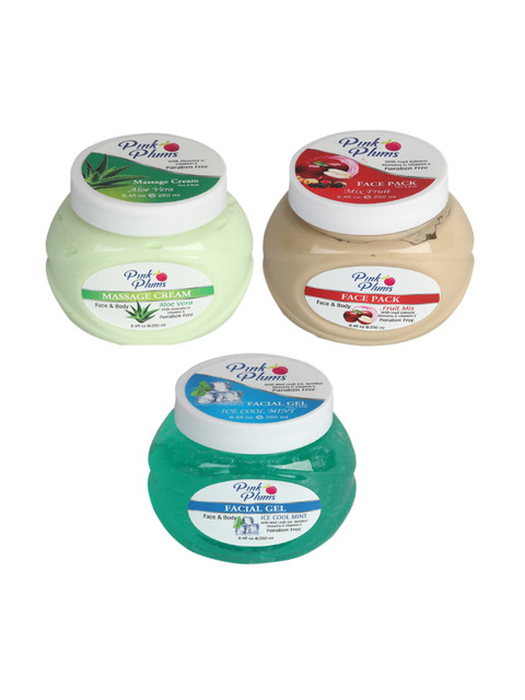 

Pink Plums Aloe Vera Massage Cream - Fruit Mix Face Pack - Ice Cool Mint Facial Gel, Green