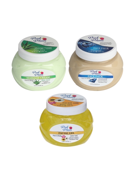 

Pink Plums Aloe Vera Massage Cream - Diamond Face Pack - Anti Tan Facial Gel 250 ml Each, Green