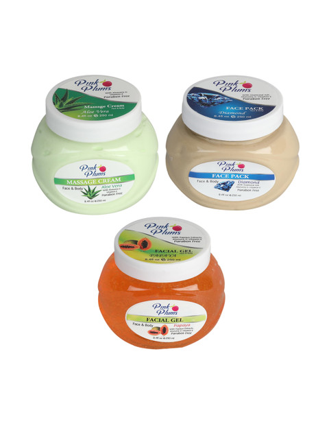 

Pink Plums Aloe Vera Massage Cream - Diamond Face Pack - Papaya Facial Gel 250 ml Each, Green