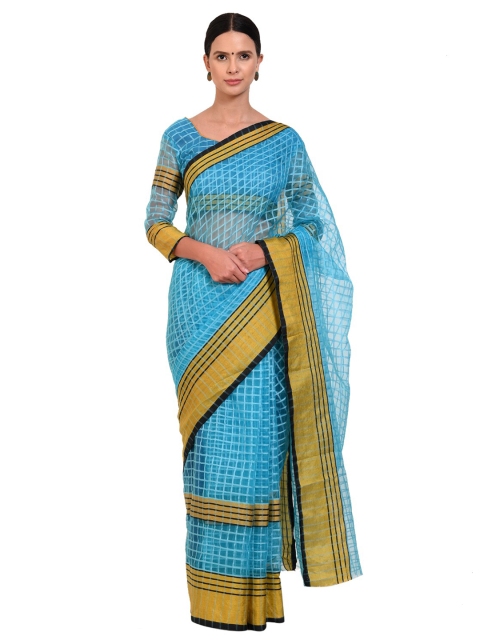 

SAADHVI Blue & Gold-Toned Checked Saree