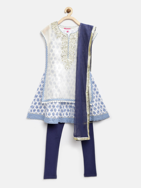 

Biba Girls Off-White & Navy Floral Print Layered Anarkali Churidar Kurta with Dupatta