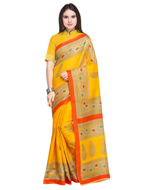 

SAADHVI Yellow & Red Paisley Printed Art Silk Saree