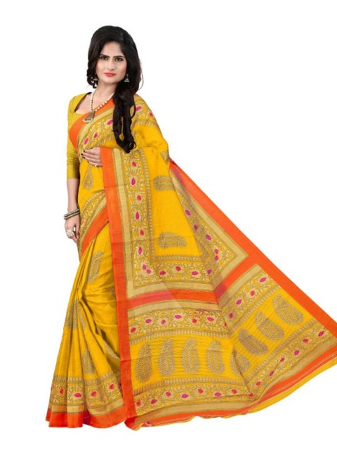 

SAADHVI Yellow & Orange Ethnic Motifs Art Silk Bhagalpuri Saree