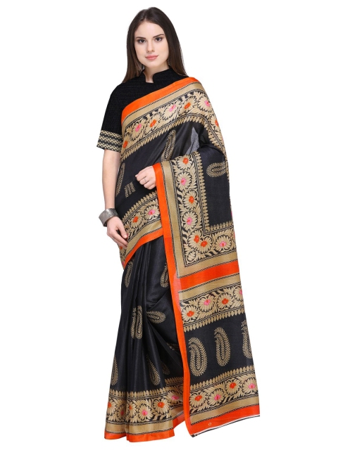 

SAADHVI Black & Orange Paisley Art Silk Saree
