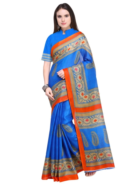 

SAADHVI Blue & Orange Paisley Art Silk Saree