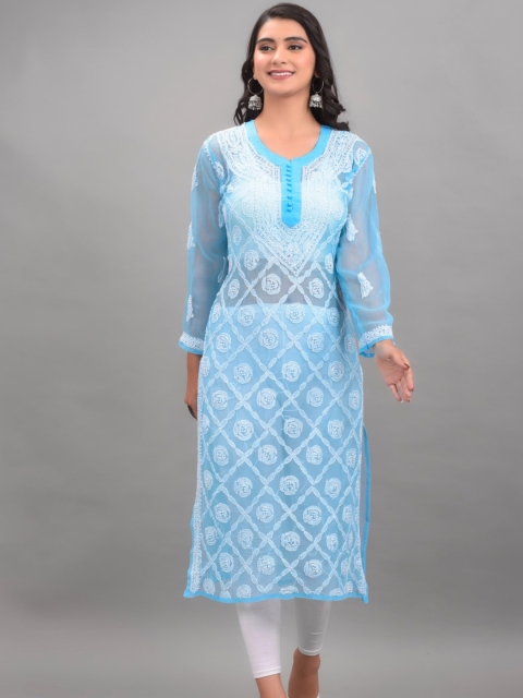 

Apratim Women Turquoise Blue Ethnic Motifs Embroidered Chikankari Georgette Kurta
