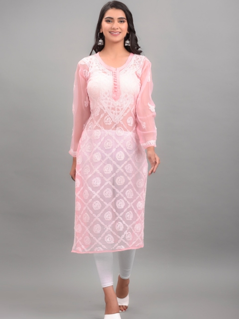 

Apratim Peach-Coloured Geometric Embroidered Thread Work Georgette Kurta