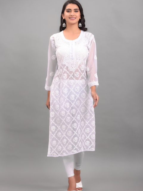 

Apratim Women White Floral Embroidered Chikankari Georgette Kurta