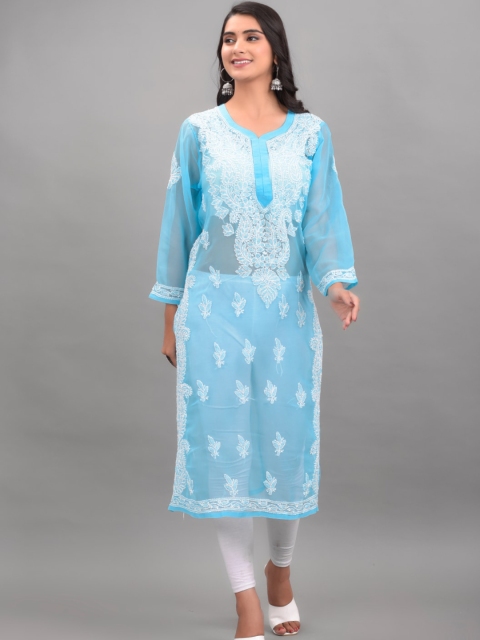 

Apratim Women Turquoise Blue & White Ethnic Motifs Embroidered Chikankari Georgette Kurta