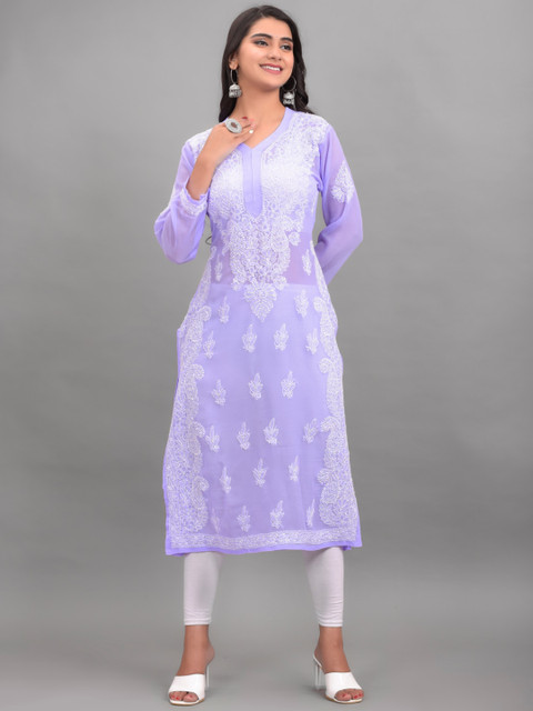 

Apratim Women Lavender Ethnic Motifs Embroidered Chikankari Georgette Kurta