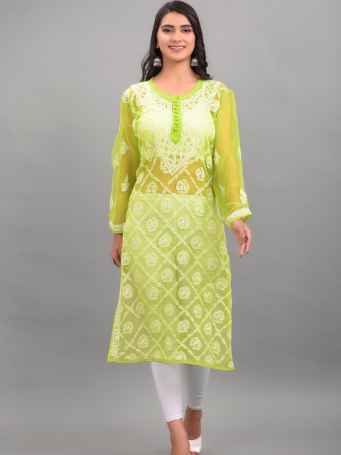 

Apratim Women Green Floral Printed Gotta Patti Georgette Kurta