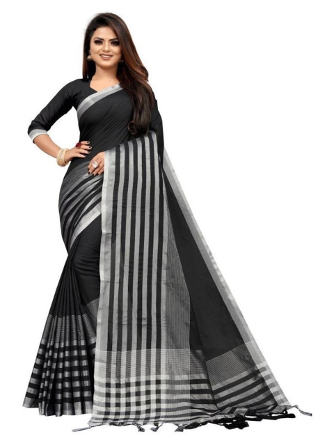 

SAADHVI Black & Silver-Toned Striped Zari Silk Blend Saree