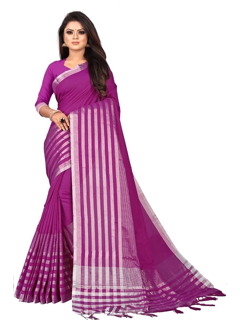 

SAADHVI Purple & Silver-Toned Striped Silk Blend Saree