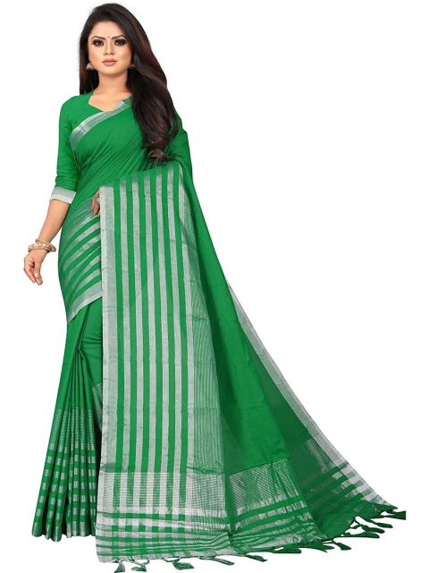 

SAADHVI Green & Silver-Coloured Striped Silk Blend Saree