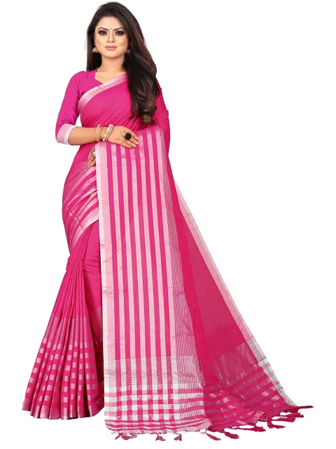 

SAADHVI Pink & Silver-Toned Striped Zari Silk Blend Saree