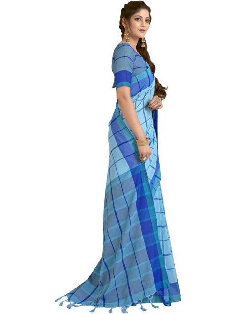 

SAADHVI Blue Checked Silk Blend Saree