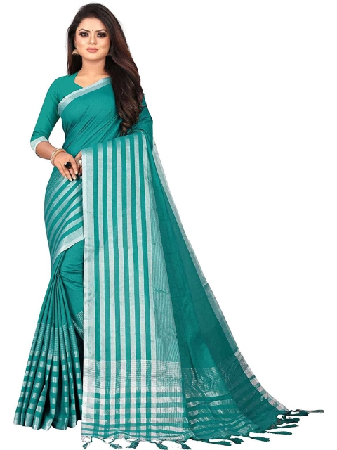 

SAADHVI Green & Silver-Toned Striped Silk Blend Saree