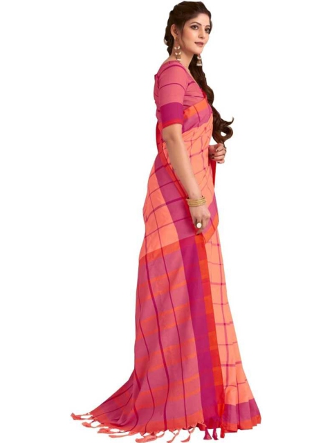 

SAADHVI Orange & Pink Checked Silk Blend Saree