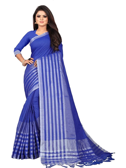 

SAADHVI Blue & Silver-Toned Striped Silk Blend Saree