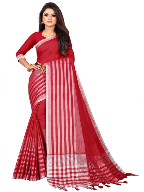 

SAADHVI Red & Silver-Toned Zari Silk Blend Saree