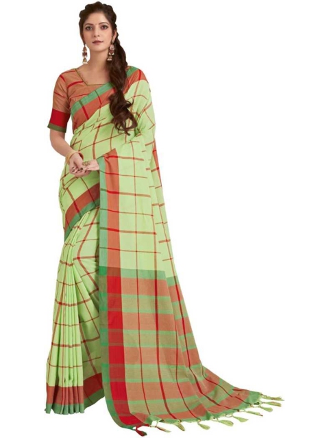 

SAADHVI Green & Red Checked Silk Blend Saree