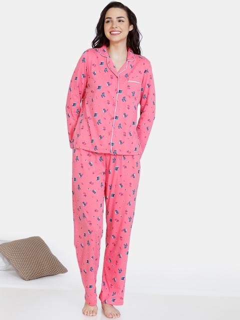 

Zivame Women Pink & Blue Printed Pure Cotton Night suit