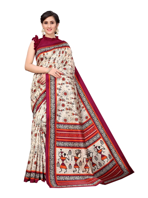 

AADVIKA Beige & Red Floral Art Silk Ready to Wear Mysore Silk Saree