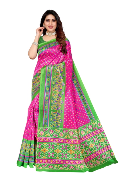 

AADVIKA Pink & Green Ethnic Motifs Art Silk Mysore Silk Saree