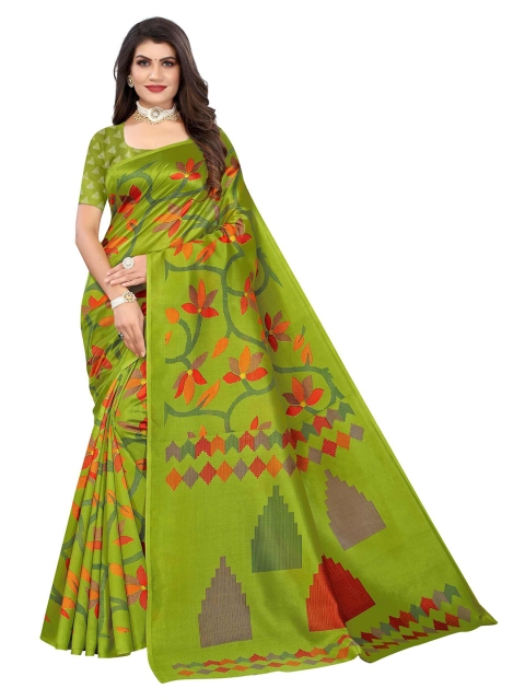 

AADVIKA Green & Orange Floral Art Silk Mysore Silk Saree