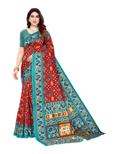 

AADVIKA Red & Blue Ethnic Motifs Printed Mysore Silk Saree