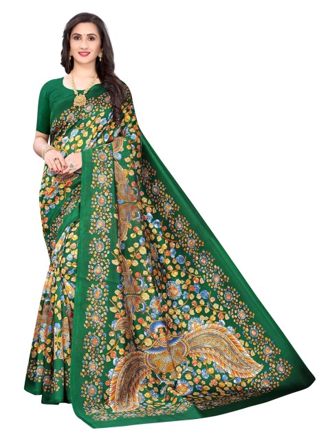 

AADVIKA Green & Yellow Floral Art Silk Ready to Wear Mysore Silk Saree