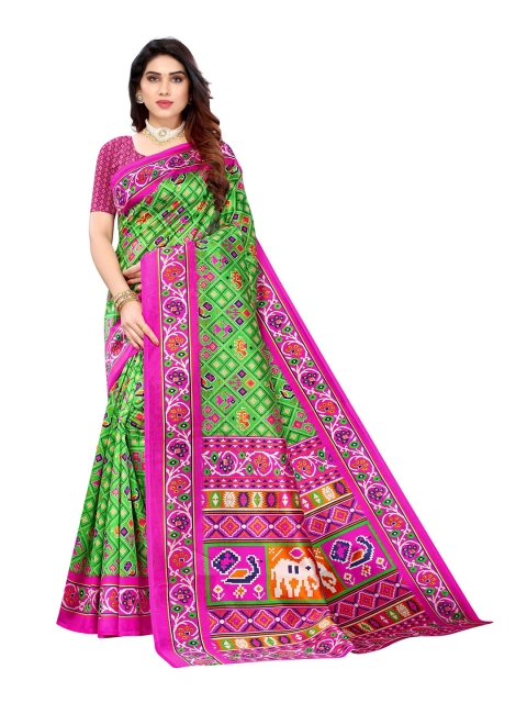 

AADVIKA Green & Pink Ethnic Motifs Art Silk Ready to Wear Mysore Silk Saree