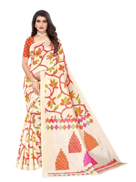 

AADVIKA Beige & Orange Floral Art Silk Ready to Wear Mysore Silk Saree