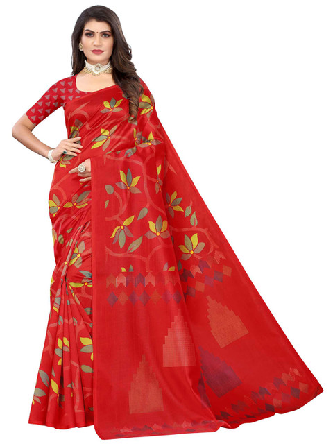 

AADVIKA Red & Green Floral Printed Mysore Silk Saree