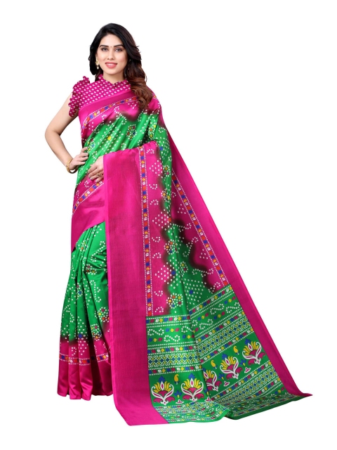 

AADVIKA Green & Pink Bandhani Art Silk Mysore Silk Saree