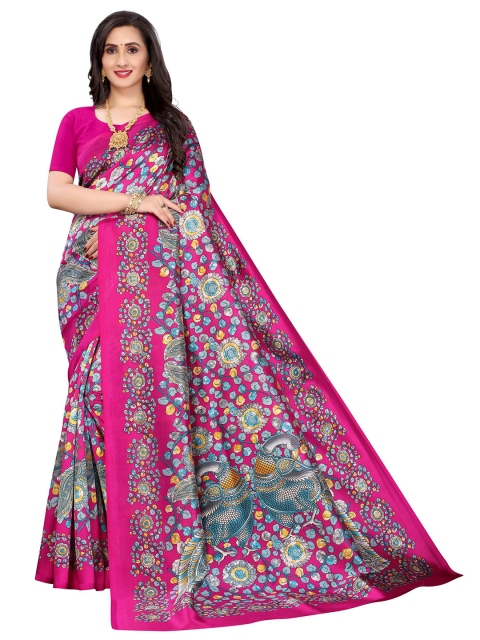 

AADVIKA Pink & Blue Floral Art Silk Mysore Silk Saree