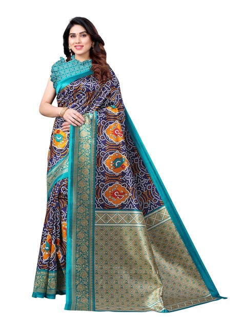 

AADVIKA Blue & Orange Floral Art Silk Mysore Silk Saree