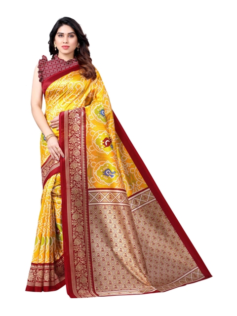 

AADVIKA Yellow & Maroon Floral Mysore Silk Saree