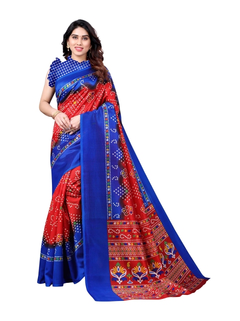 

AADVIKA Red & Blue Floral Art Silk Mysore Silk Saree