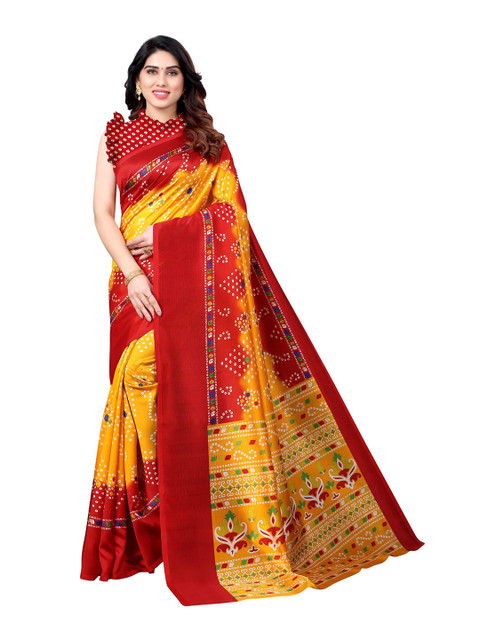 

AADVIKA Yellow & Red Floral Art Silk Mysore Silk Saree