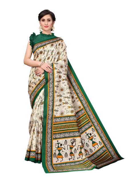 

AADVIKA Beige & Green Floral Art Silk Mysore Silk Saree