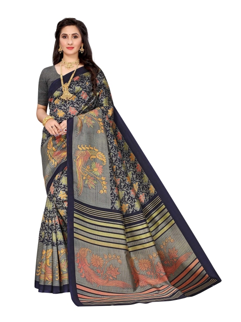 

AADVIKA Navy Blue & Green Floral Art Silk Mysore Silk Saree