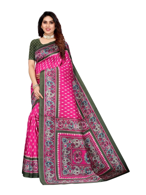 

AADVIKA Pink & Green Ethnic Motifs Art Silk Mysore Silk Saree