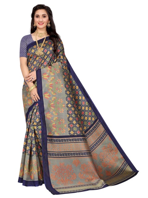 

AADVIKA Navy Blue & Grey Floral Art Silk Mysore Silk Saree