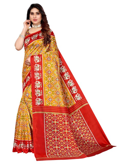 

AADVIKA Yellow & Red Floral Art Silk Ready to Wear Mysore Silk Saree