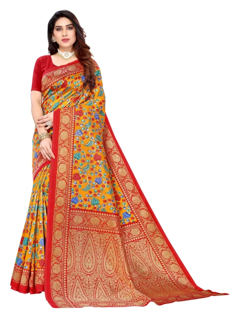 

AADVIKA Mustard & Red Floral Art Silk Mysore Silk Saree